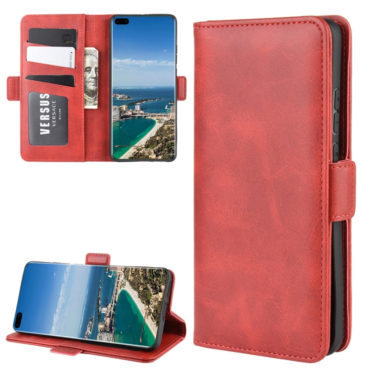 Red leather flip phone case with card slots, magnetic buckle, and stand holder