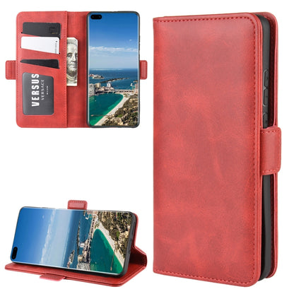 Red leather flip phone case with card slots, magnetic buckle, and stand holder