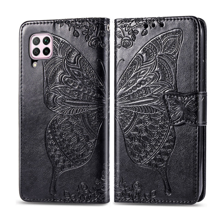 Butterfly-embossed flip leather phone case with card slot and snap closure, black