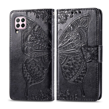 Butterfly-embossed flip leather phone case with card slot and snap closure, black