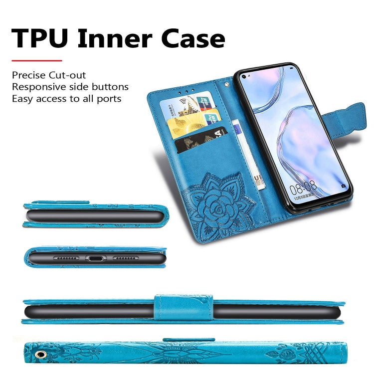 Blue embossed butterfly flip wallet phone case with card slots and phone cutouts