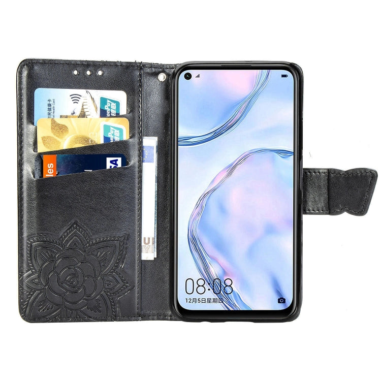 Butterfly-embossed wallet flip phone case with card slots, black, open
