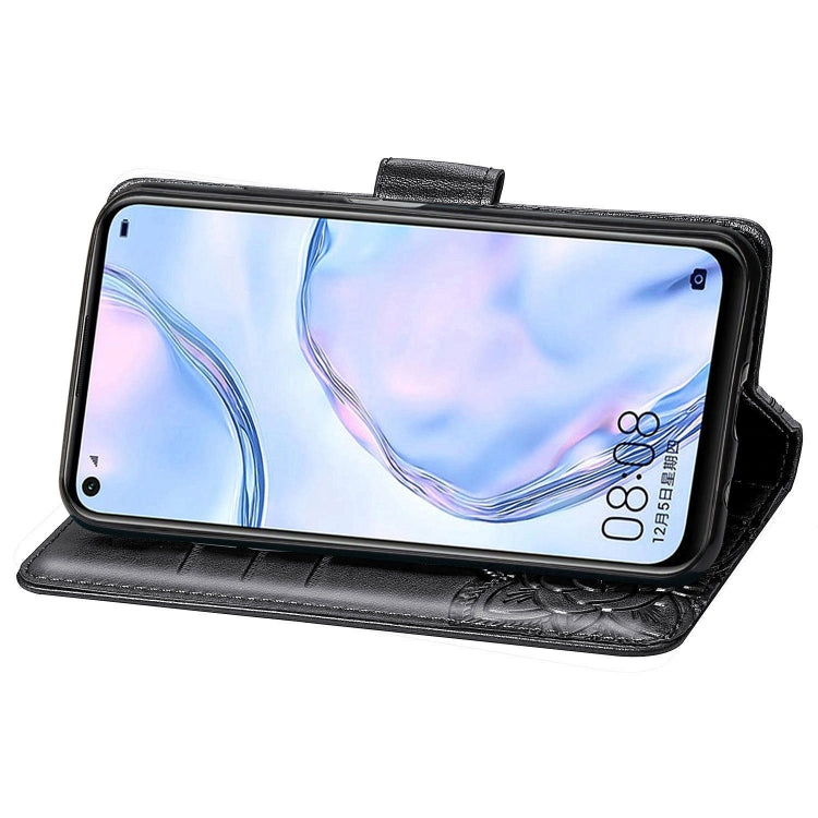 Butterfly-embossed flip leather phone case, black, with stand-up viewing angle