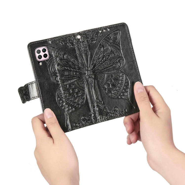 Butterfly-embossed black flip leather phone case with visible side clasp