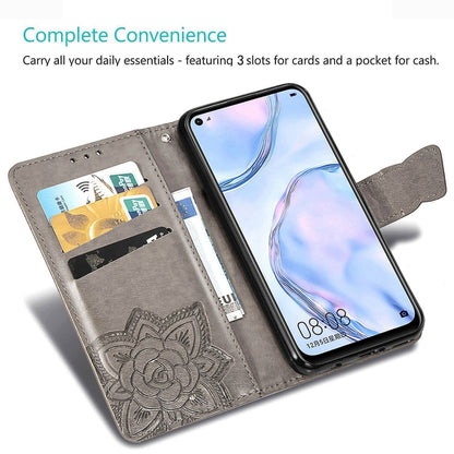 Butterfly-embossed flip leather phone case with card slots, gray, open