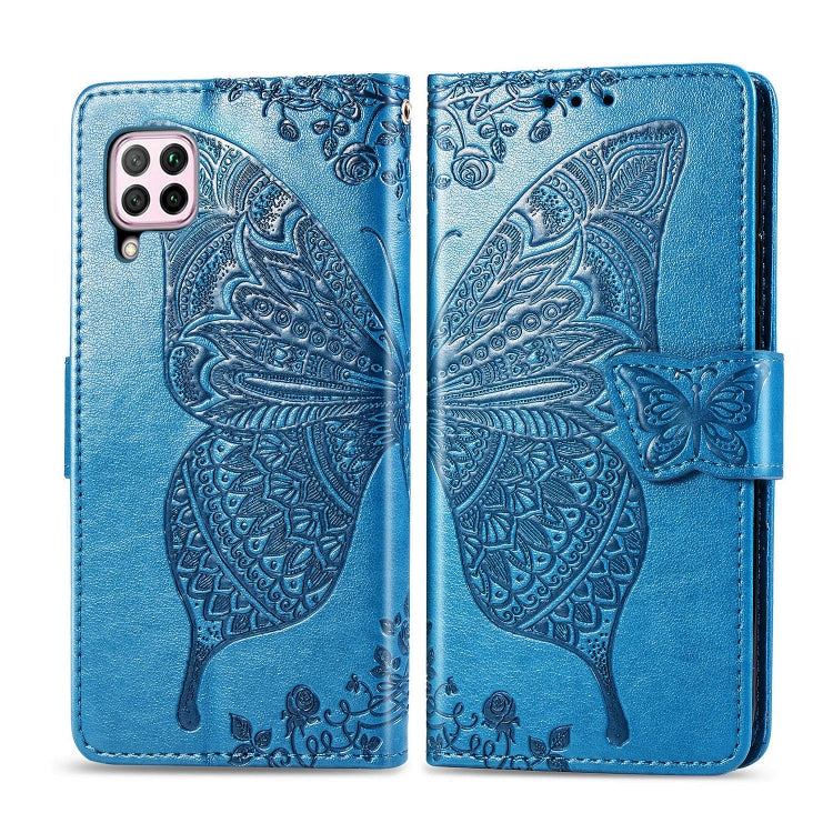 Blue embossed butterfly flip wallet phone case with phone camera cutouts