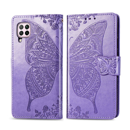 Light purple embossed butterfly flip wallet phone case with strap closure