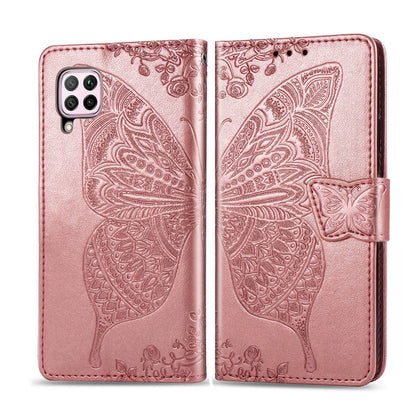 Rose gold embossed butterfly flip wallet phone case with strap closure