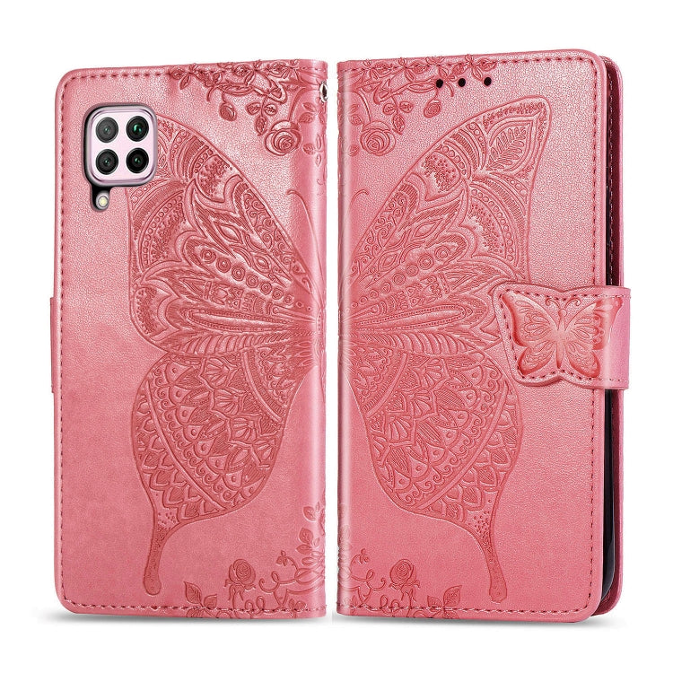 Pink embossed butterfly flip wallet phone case with side strap and camera cutouts