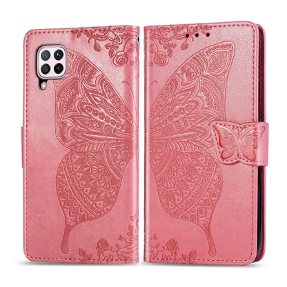 Pink embossed butterfly flip wallet phone case with side strap and camera cutouts