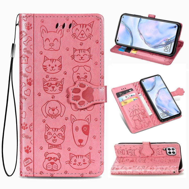 Pink embossed cat and dog flip leather phone case with card slots and wrist strap