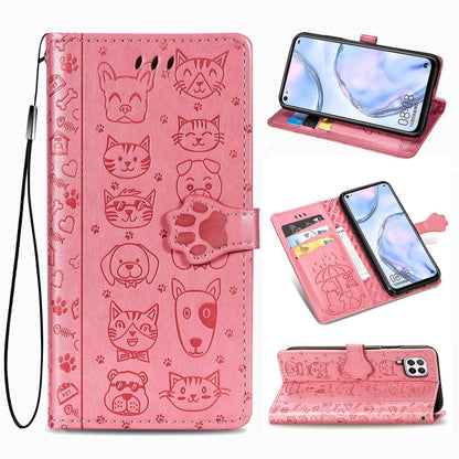 Pink embossed cat and dog flip leather phone case with card slots and wrist strap