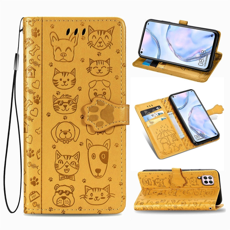 Gold embossed cat and dog flip leather phone case with card slots and stand