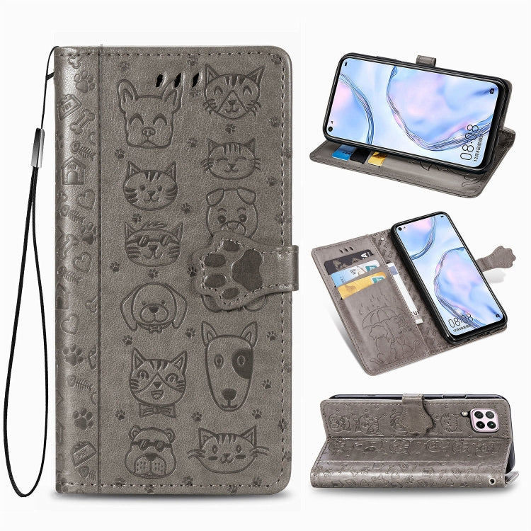 Gray embossed cat and dog flip leather phone case with card slots and stand