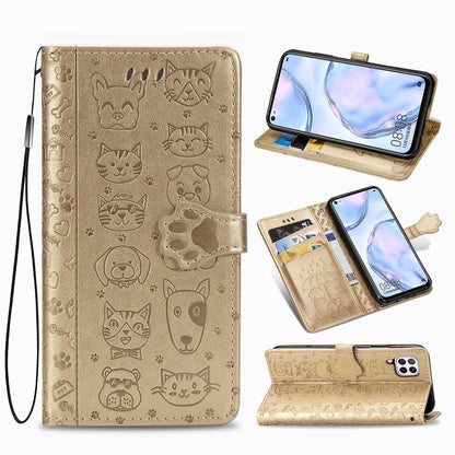 Beige embossed cat and dog flip leather phone case with card slots and viewing stand