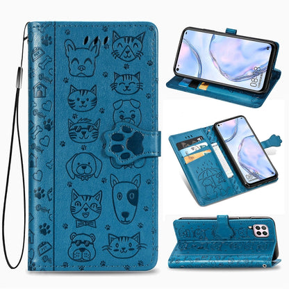 Blue embossed cat and dog flip leather phone case with card slots and viewing stand