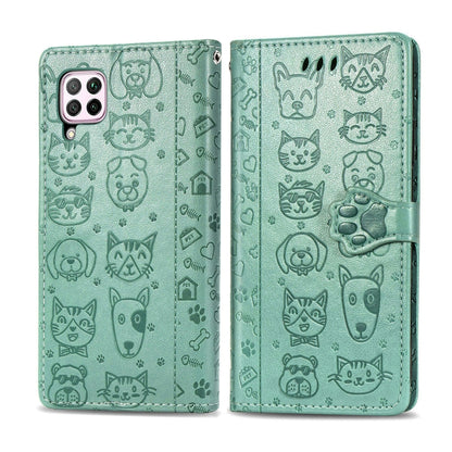 Mint green folio phone case with embossed cat and dog faces on the outer cover.