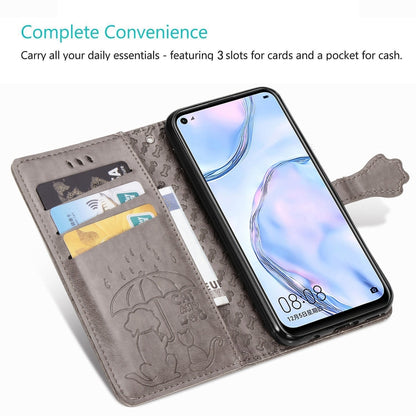 Gray flip phone case open with card slots and inner pocket, embossed cat-and-dog pattern.