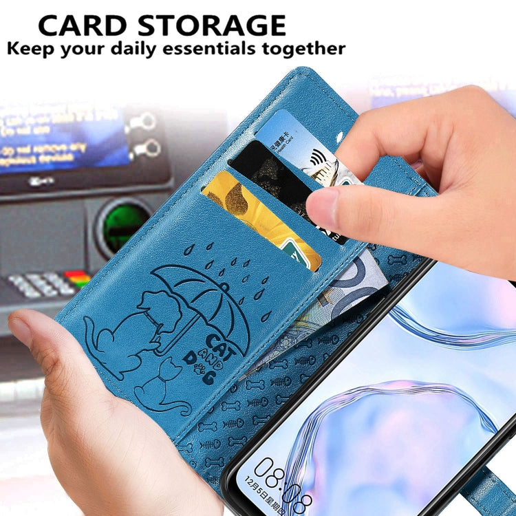 Blue flip phone case with embossed cat-and-dog design and card slot for essentials.