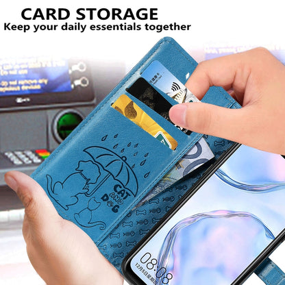 Blue flip phone case with embossed cat-and-dog design and card slot for essentials.