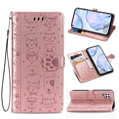 Rose pink embossed cat and dog flip leather phone case with card slots and stand