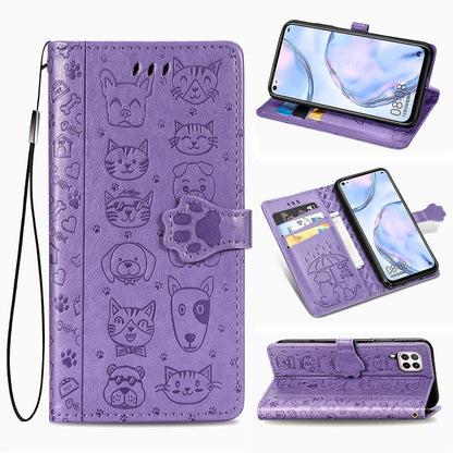 Purple embossed cat and dog flip leather phone case with card slots and viewing stand