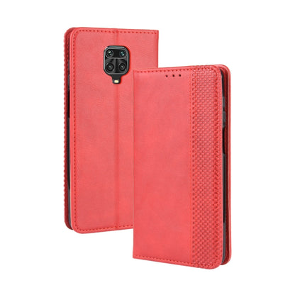 Red magnetic flip leather phone case with card slots and camera cutout