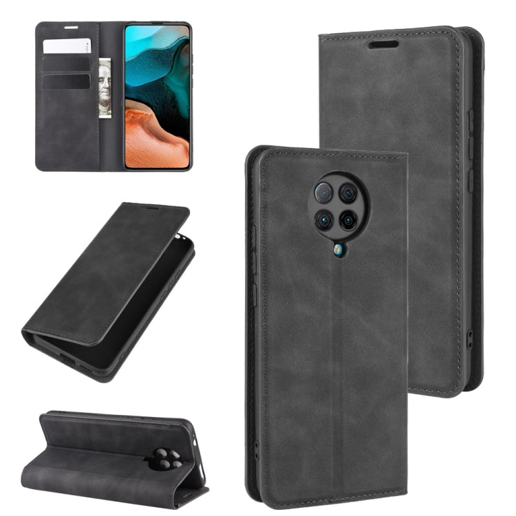 Leather magnetic wallet case with card slots and phone stand for Xiaomi Redmi K30 Pro, black