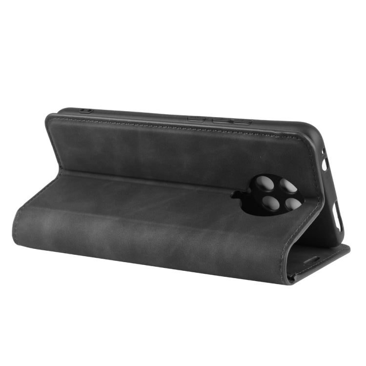 Leather folio wallet case with built-in stand position, phone secured, black
