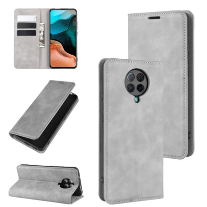 Grey leather-style magnetic wallet phone case with card slots and kickstand holder