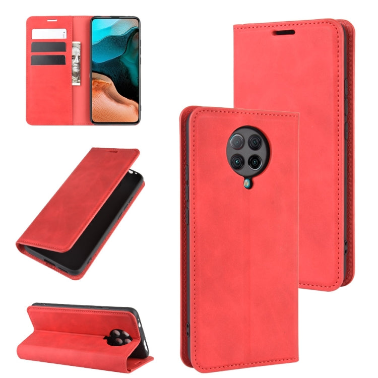 Red leather-style magnetic wallet phone case with card slots and kickstand holder