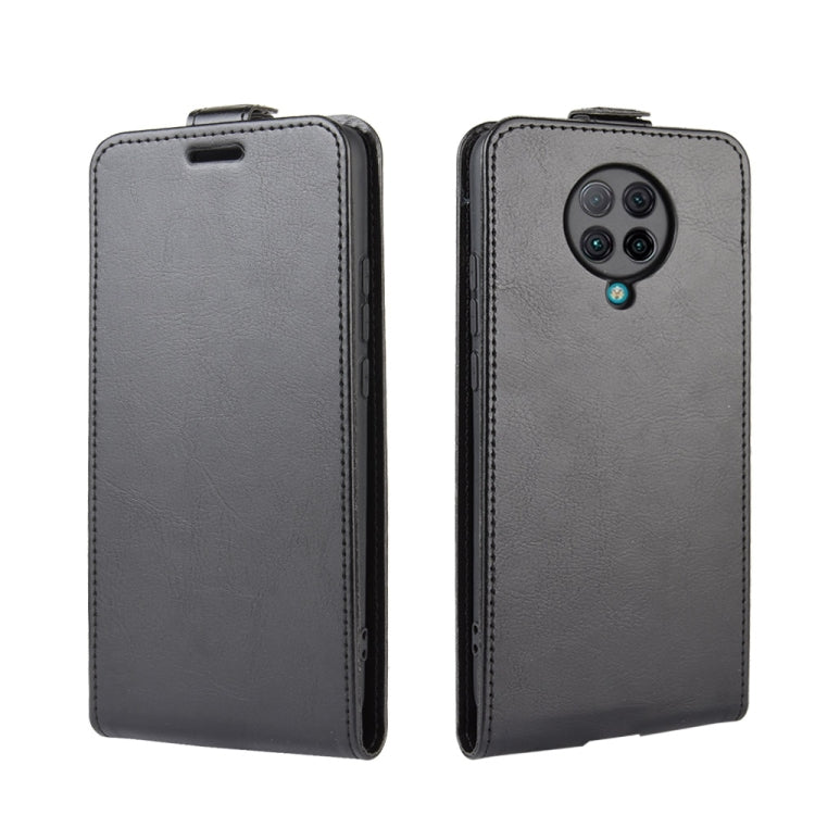 Dark gray vertical flip leather phone case with camera cutout, front and back view