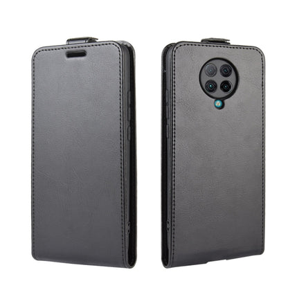 Dark gray vertical flip leather phone case with camera cutout, front and back view