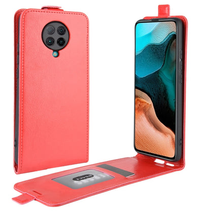 Red flip leather phone case with card slot and photo window, vertical opening