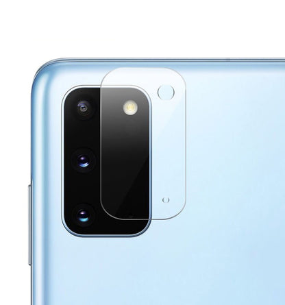 Clear rear camera lens tempered glass film over dual camera modules on blue phone