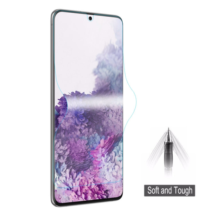 Full-screen hydrogel screen protector film for a smartphone, with purple floral design