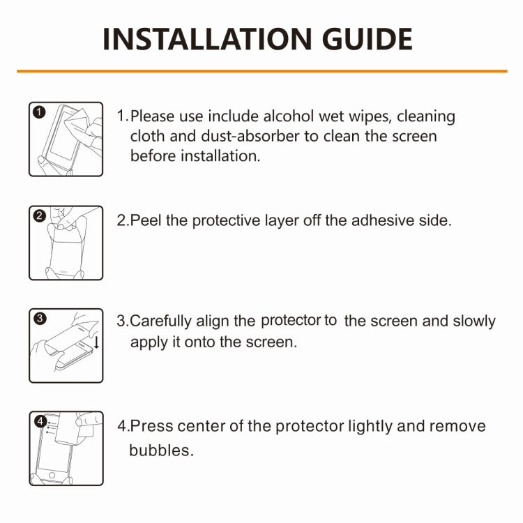 Installation guide for tempered glass screen protector with 4-step cleaning and fitting