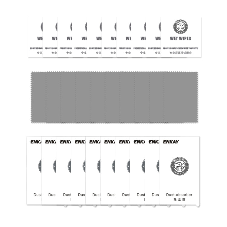 Screen protector kit with multiple tempered glass sheets, wet wipes, and cleaning cloths