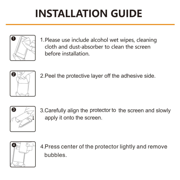 Installation guide for tempered glass screen protector, showing step-by-step application