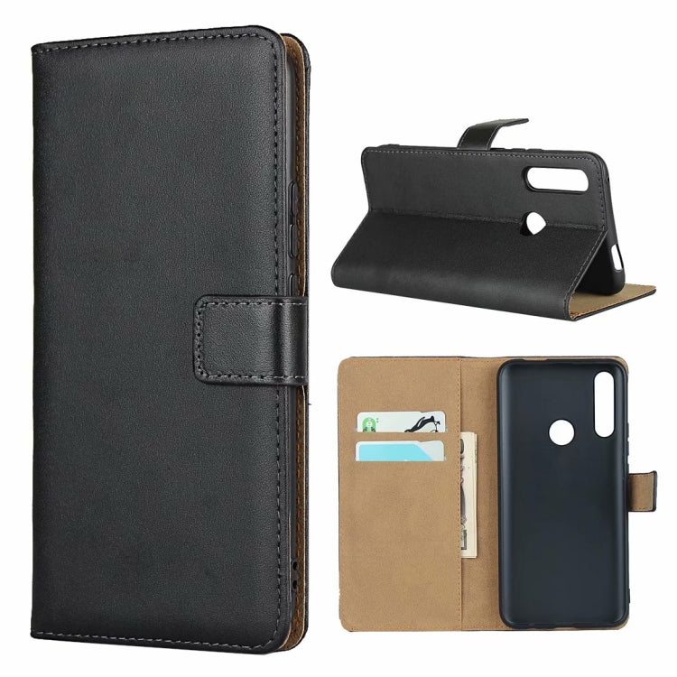 Black leather flip phone wallet case with card slots, magnetic clasp, and stand bracket