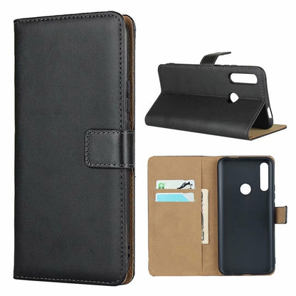 Black leather flip phone wallet case with card slots, magnetic clasp, and stand bracket