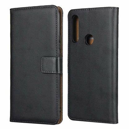 Black leather horizontal flip phone case with cutouts and secure closure