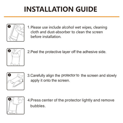 Screen protector installation guide with steps for cleaning and applying the film