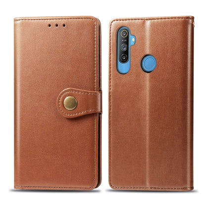 Brown leather-style phone wallet case showing back with camera cutout and button