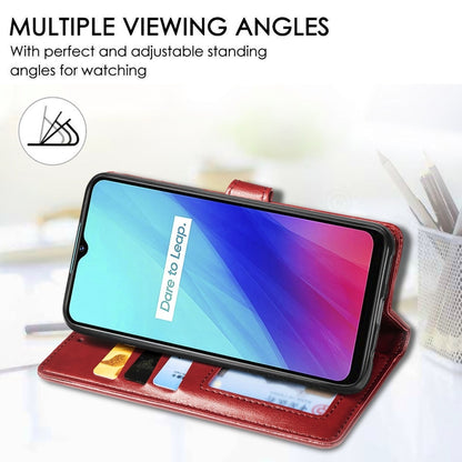 Red folio leather phone case with card slots, buckle strap, and stand for viewing