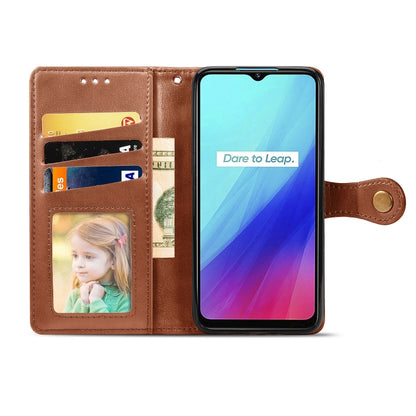Brown leather-style wallet phone case with card holder window and phone display view