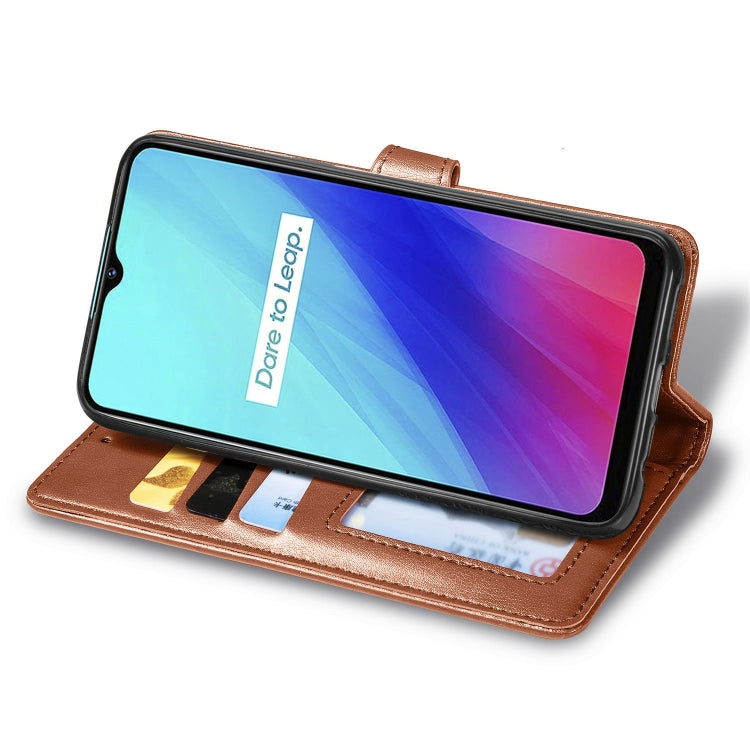 Brown leather-style wallet phone case with stand support and card slots on front