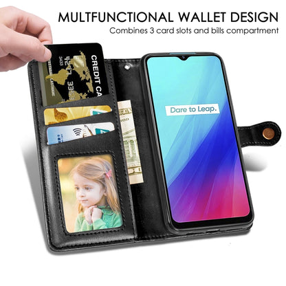 Black leather-style wallet phone case with card slots, cash pocket, and camera cutout