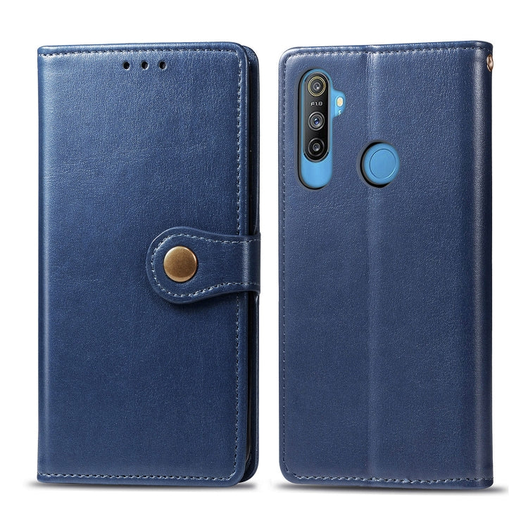 Blue folio leather phone case with card slot, magnetic strap, and camera cutout