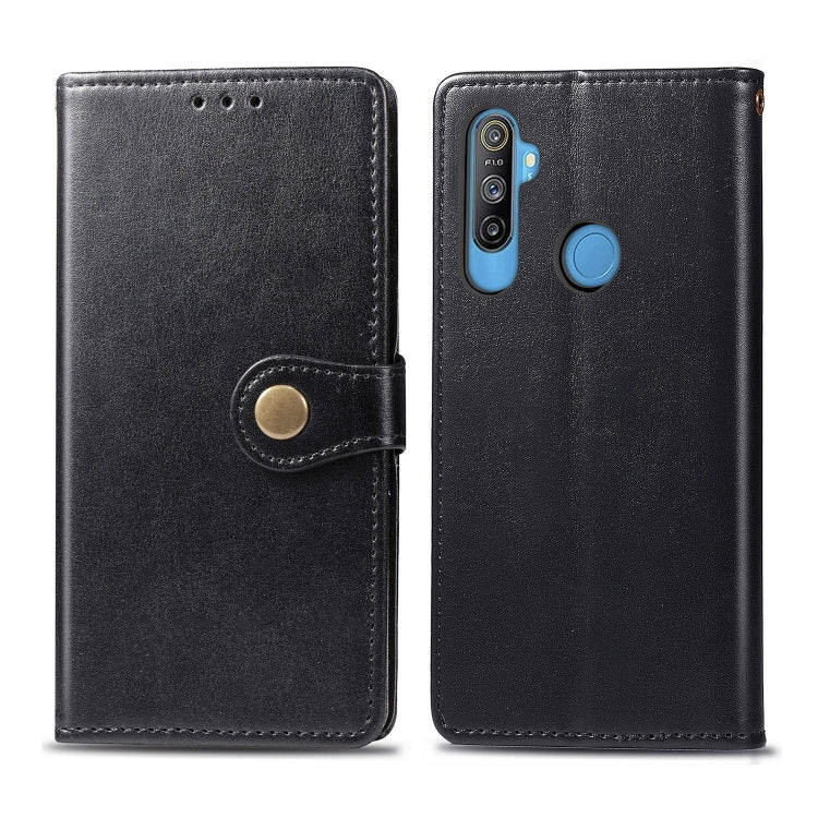 Black folio leather phone case with card slot, magnetic strap, and camera cutout